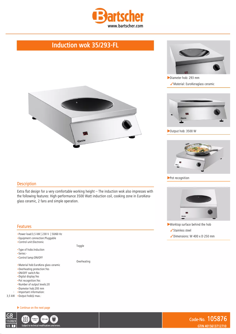 Page 1 de la notice Fiche technique Bartscher 105876
