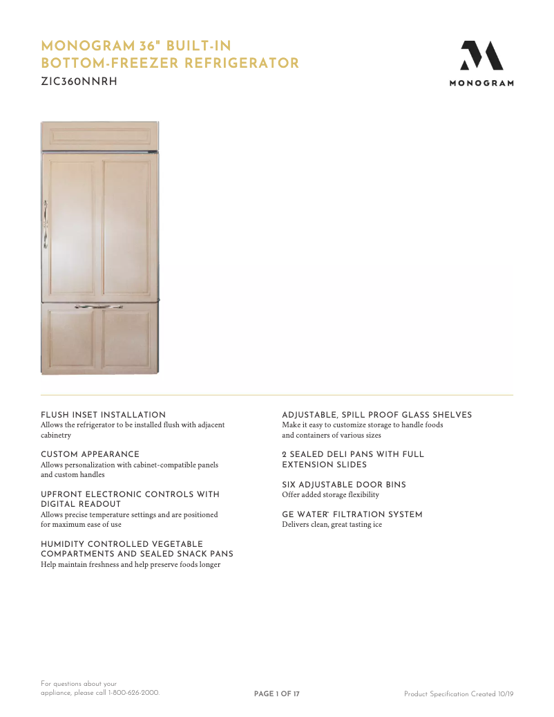 Page n°1 - Fiche technique Monogram ZIC360NNRH
