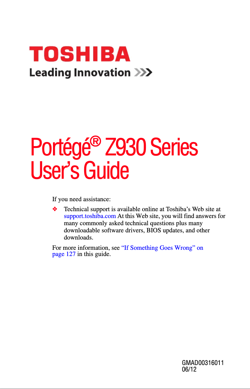 Page 1 de la notice Manuel utilisateur Toshiba Portégé Z930