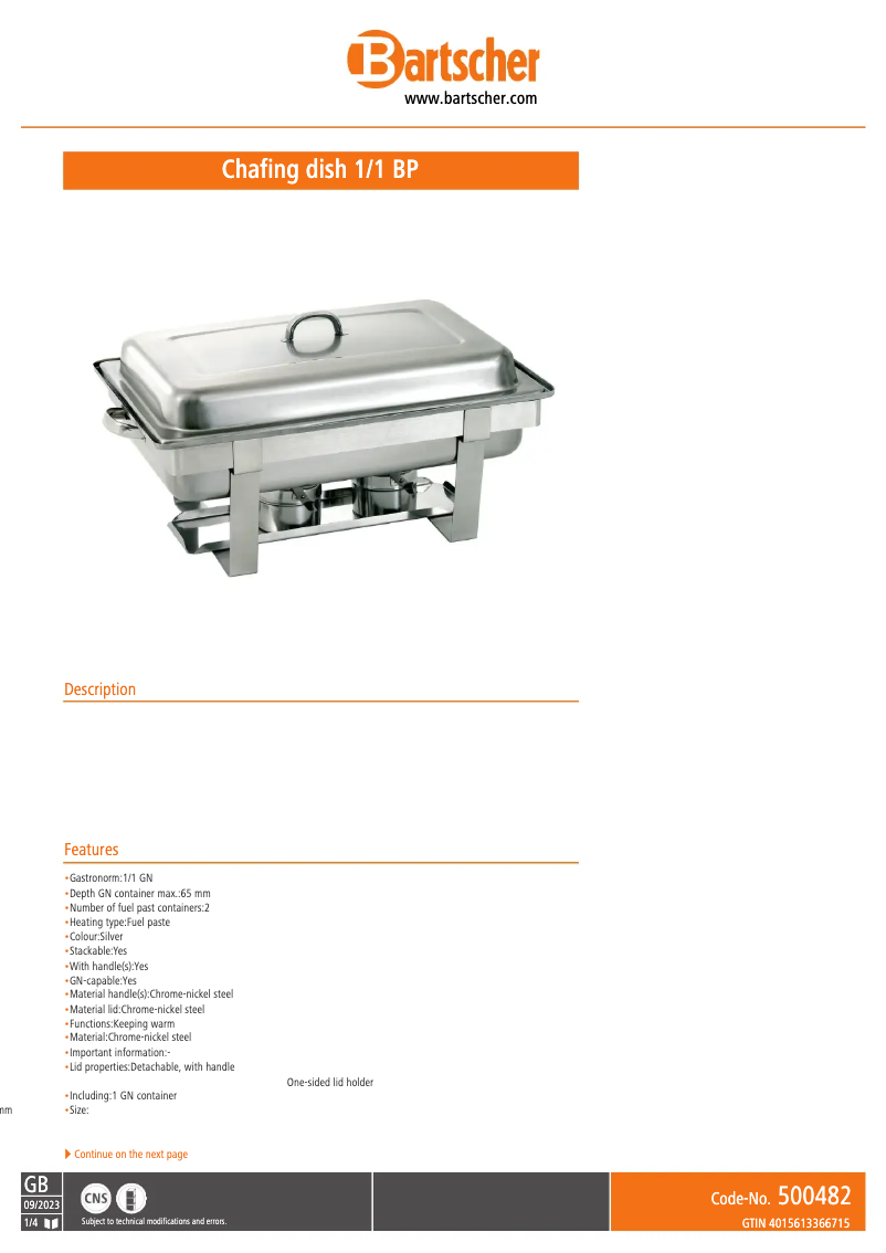 Page 1 de la notice Manuel utilisateur Bartscher 500486