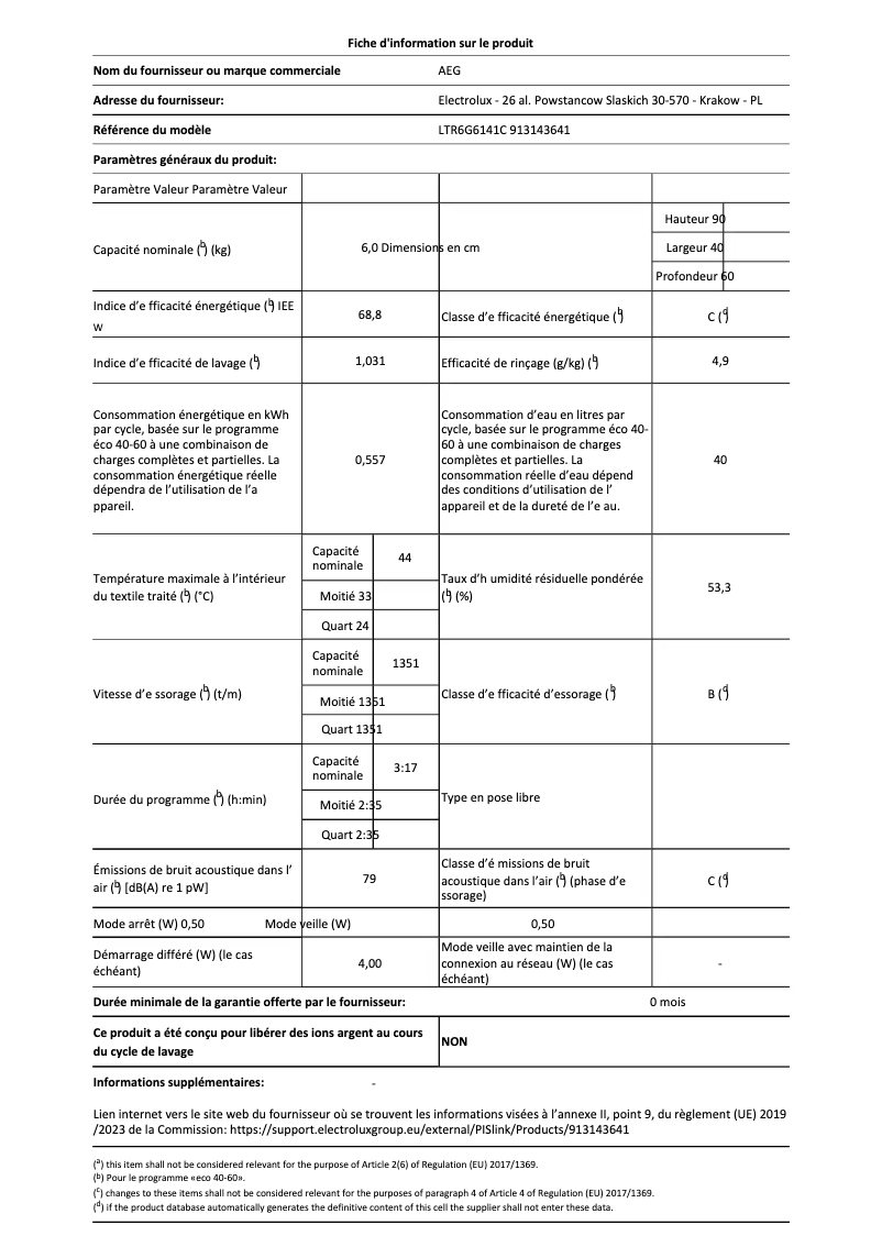 Page n°1 - Fiche technique AEG LTR6G6141C