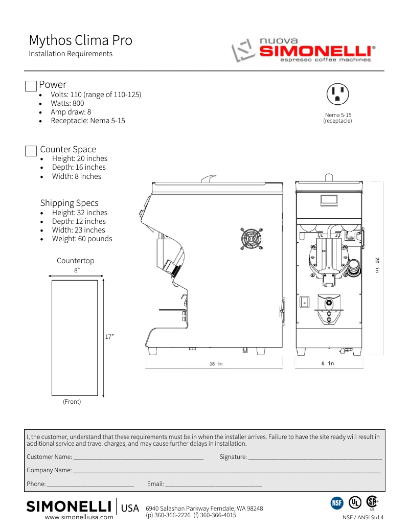 Page 1 de la notice Fiche technique Nuova Simonelli Mythos