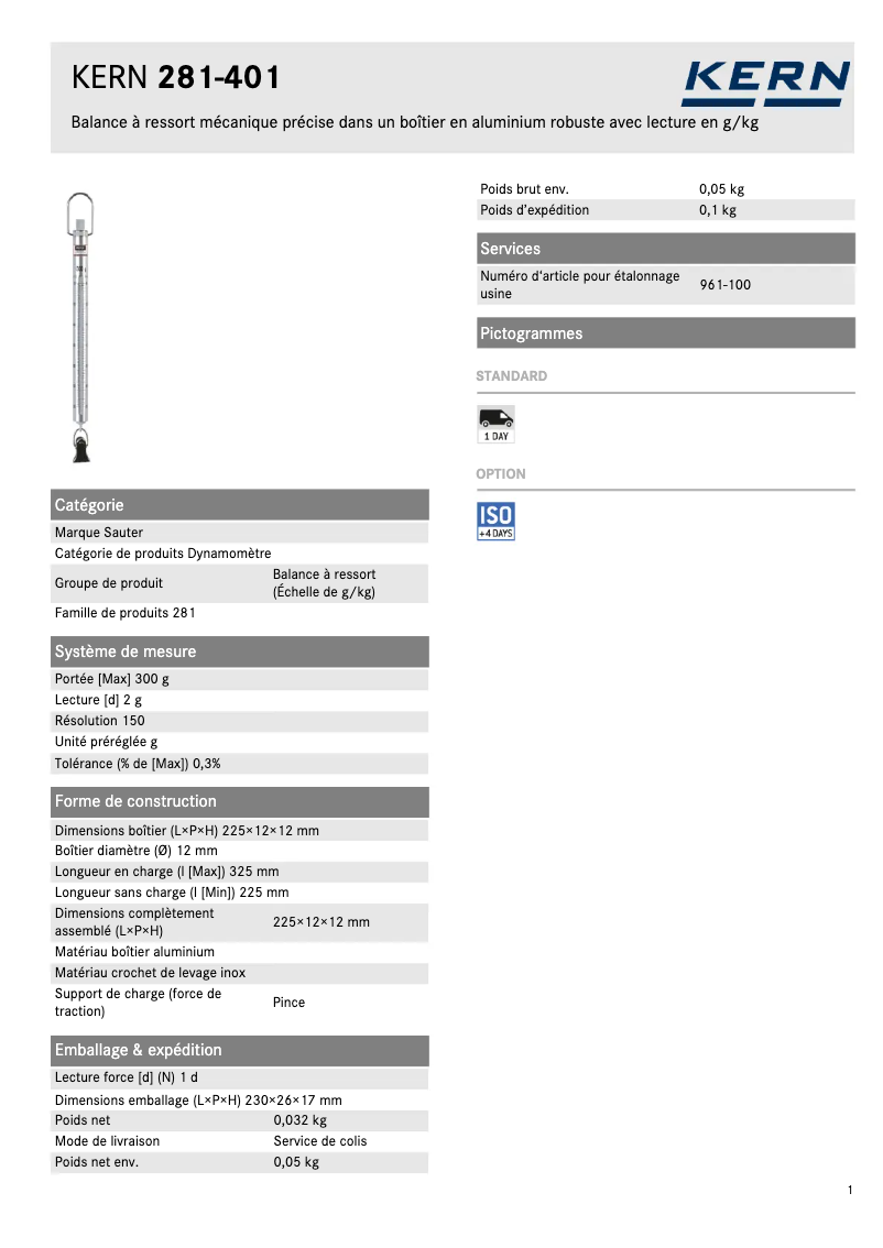Page n°1 - Fiche technique Kern 281-401