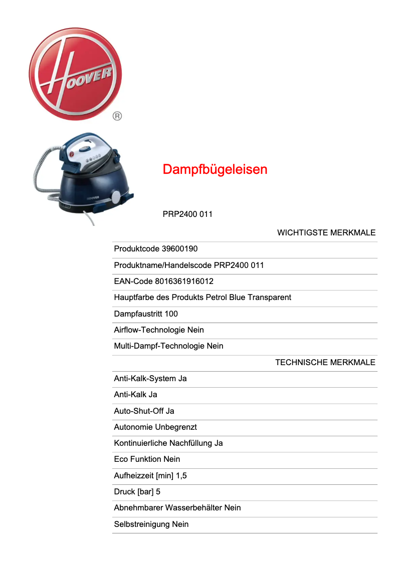 Page 1 de la notice Fiche technique Hoover PRP2400 011
