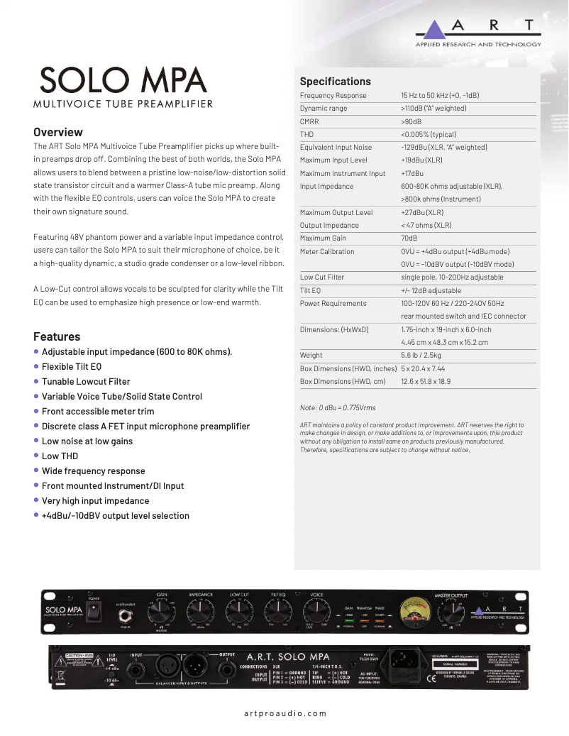 Page 1 de la notice Fiche technique ART SOLO MPA