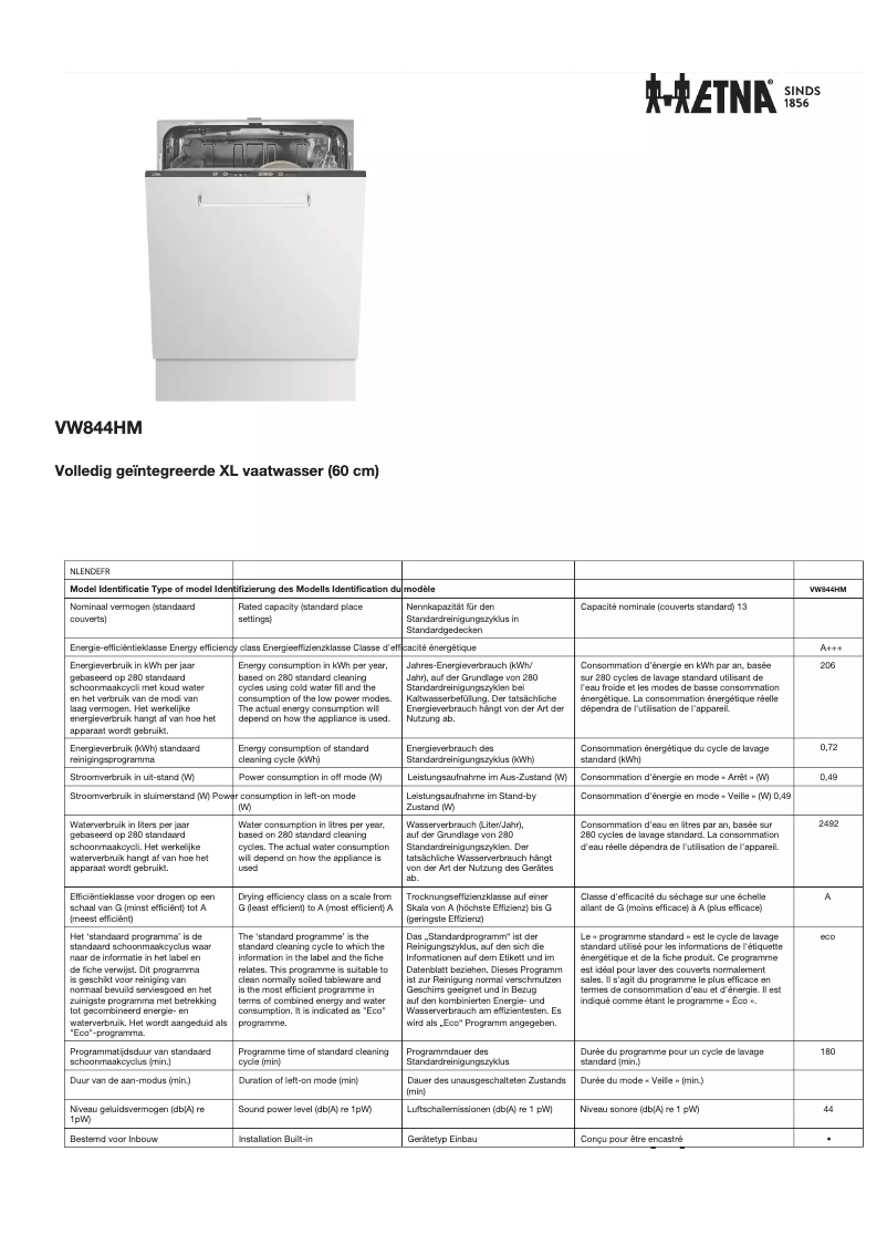 Page 1 de la notice Fiche technique Etna VW844HM