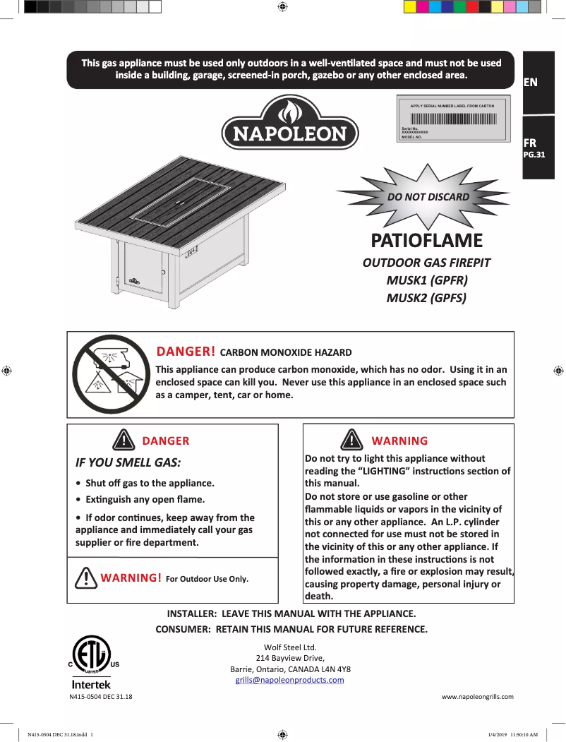 Page n°1 - Manuel utilisateur Napoleon MUSK1-BZ