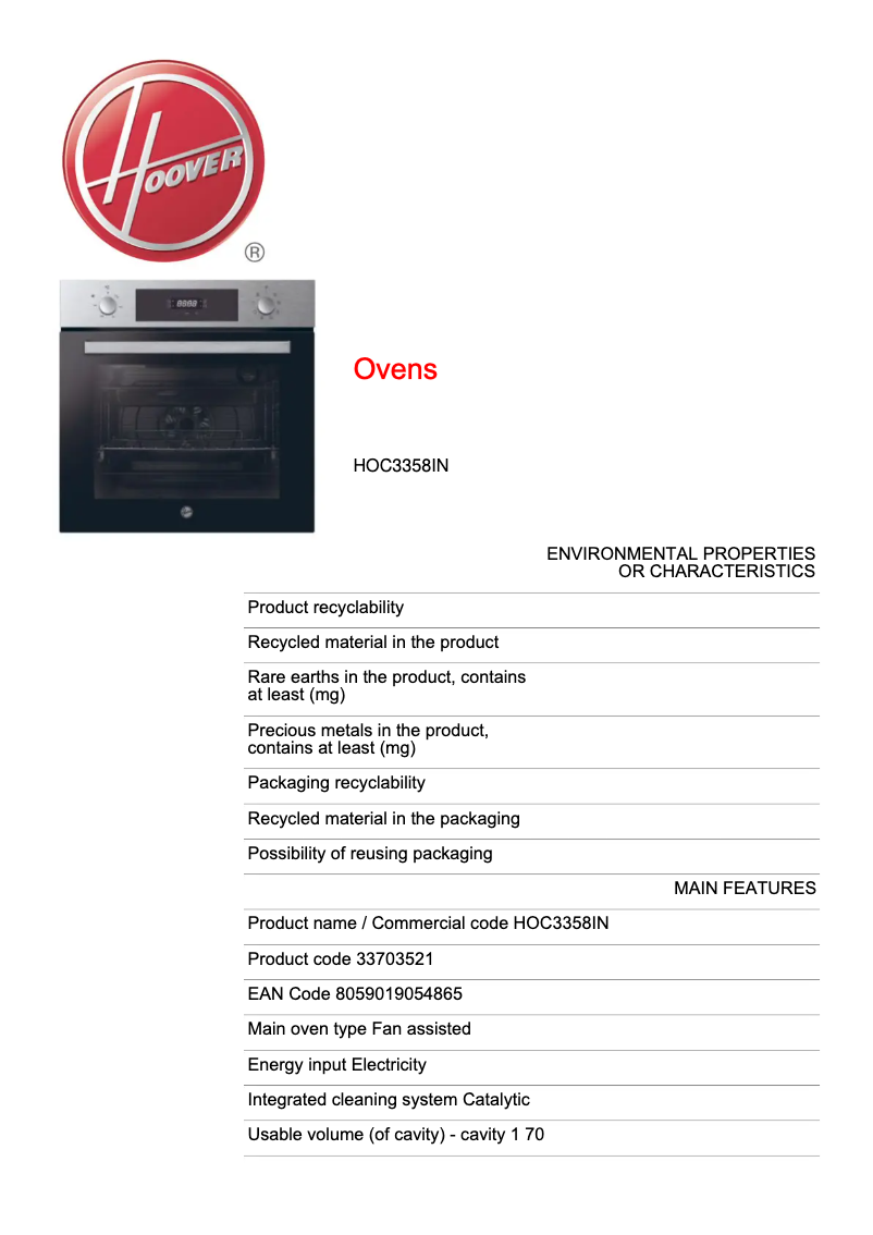 Image de la première page du manuel de l'appareil H-OVEN 300 HOC3358IN