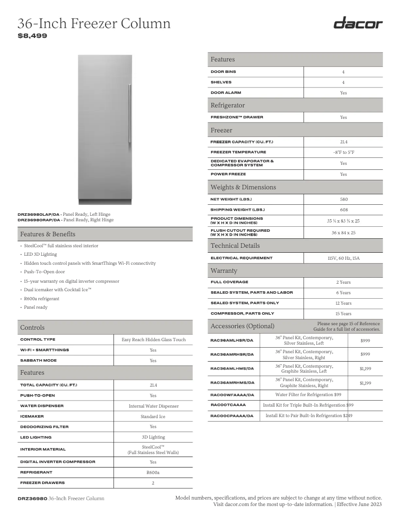 Page n°1 - Fiche technique Dacor Modernist DRZ36980RAP