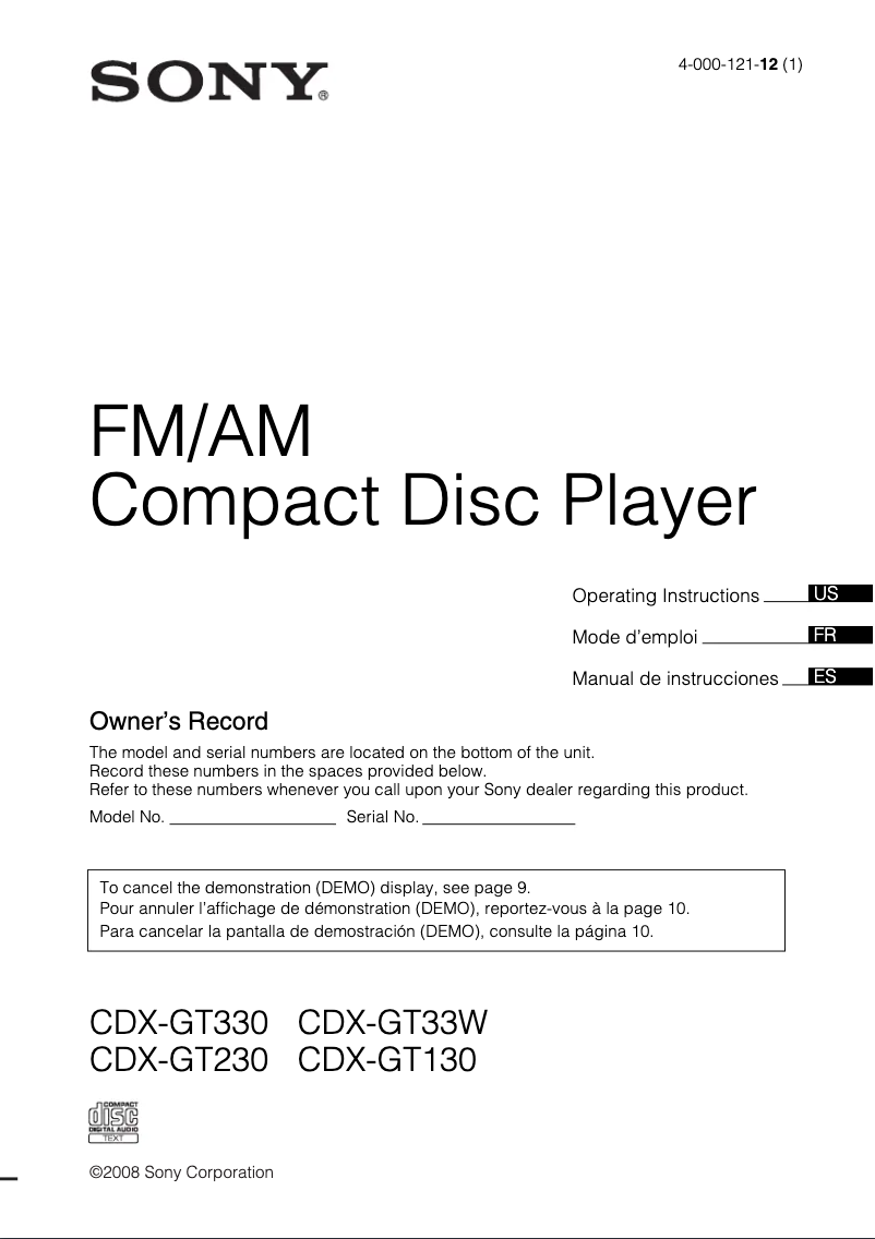 Page 1 de la notice Manuel utilisateur Sony CDX-GT33W