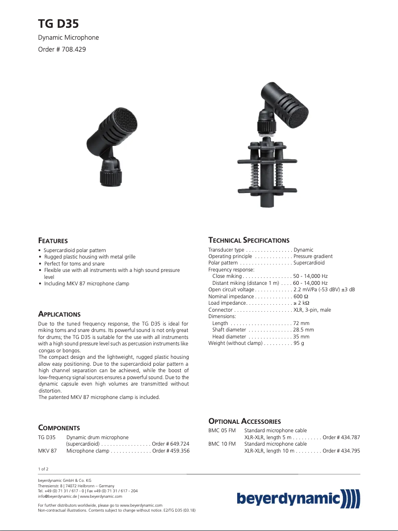 Page 1 de la notice Fiche technique Beyerdynamic TG D35