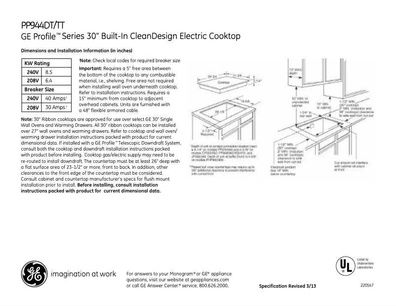 Page n°1 - Fiche technique GE Profile PP944DTBB