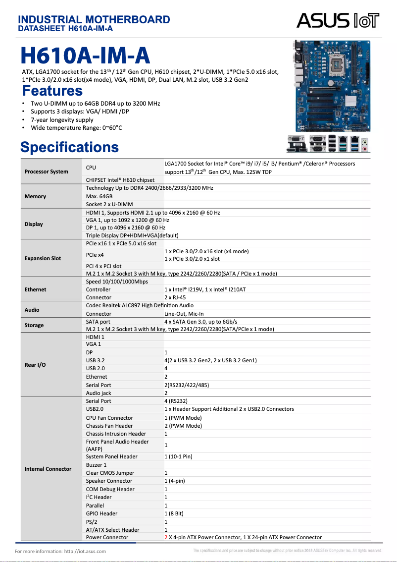 Page 1 de la notice Fiche technique Asus H610A-IM-A