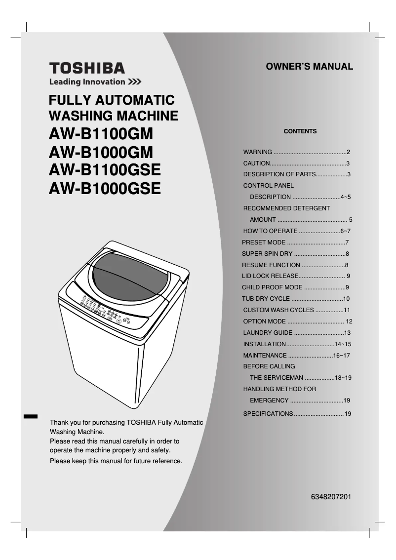 Page n°1 - Manuel utilisateur Toshiba AW-B1100GM