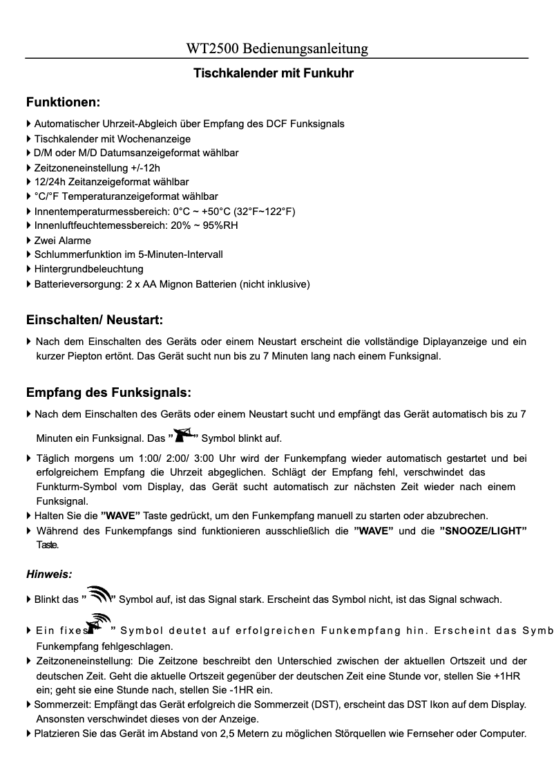 Page 1 de la notice Manuel utilisateur Techno Line WT 2500