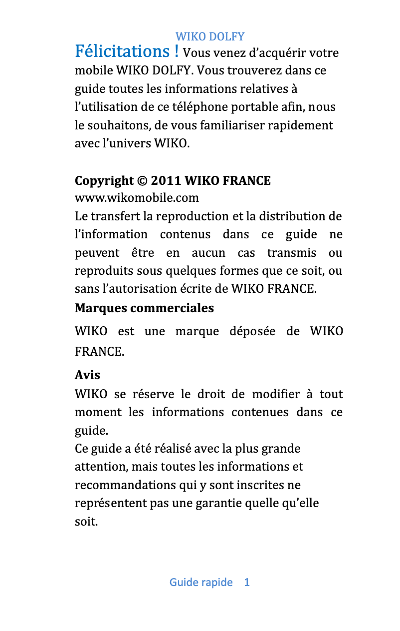 Page n°1 - Manuel utilisateur Wiko Dolfy