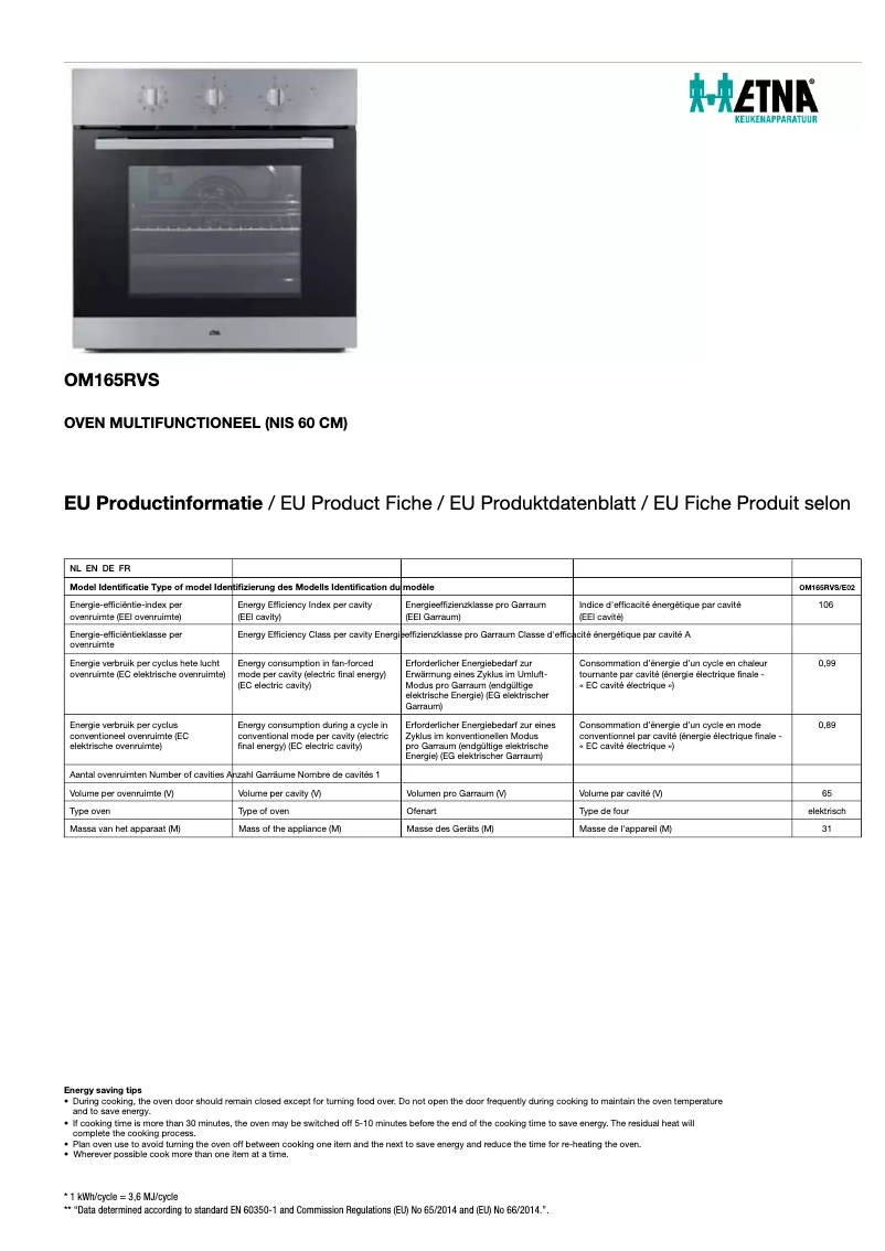 Page 1 de la notice Fiche technique Etna OM165RVS