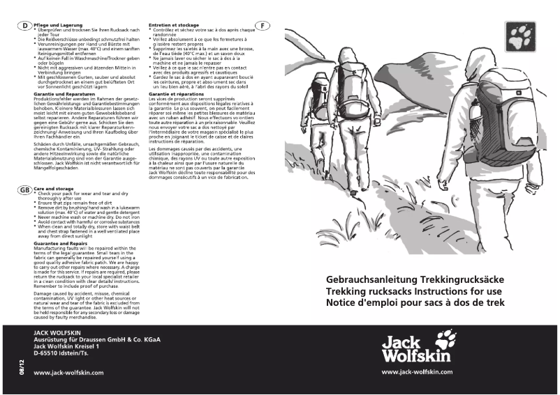 Page 1 de la notice Manuel utilisateur Jack Wolfskin TRT 22