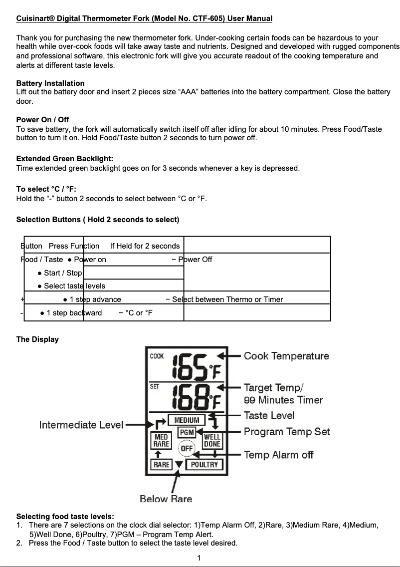 Page 1 de la notice Manuel utilisateur Cuisinart CTF-605