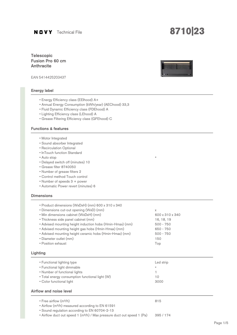 Page n°1 - Fiche technique Novy Fusion Pro 8710
