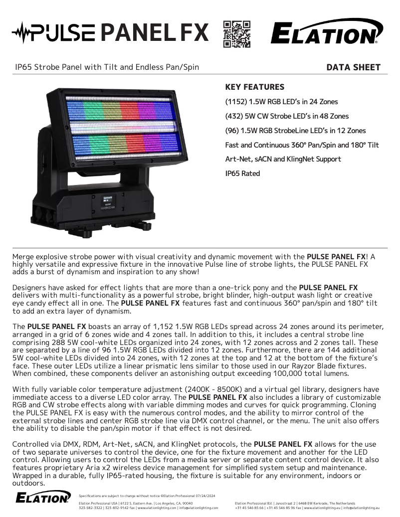 Page 1 de la notice Fiche technique Elation PULSE PANEL FX