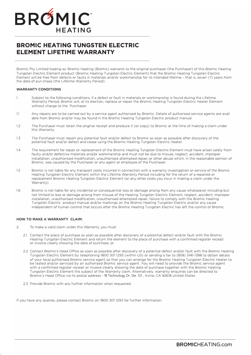 Page 1 de la notice Informations de garantie Bromic BH0210001-1