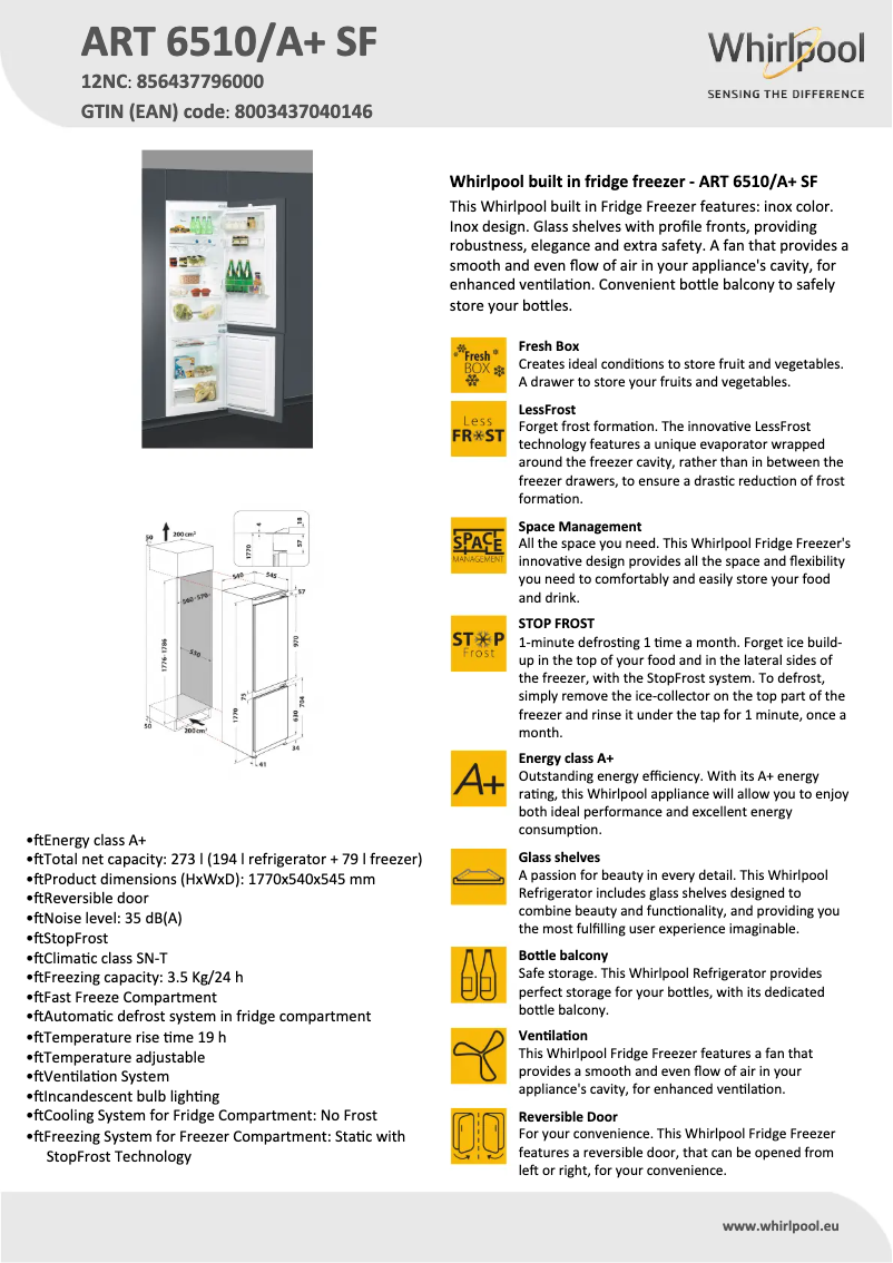 Page 1 de la notice Fiche technique Whirlpool ART 6510/A+ SF