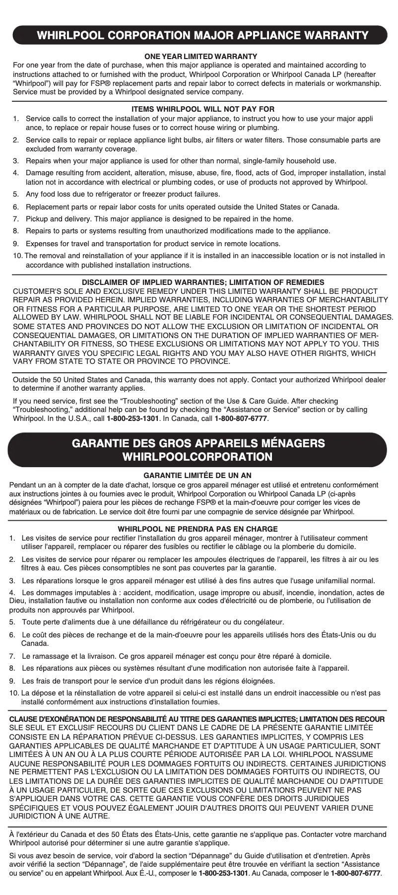 Page n°1 - Informations de garantie Whirlpool GC1000PE