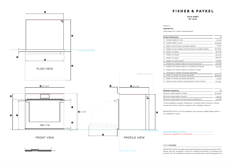 Page 1 de la notice Fiche technique Fisher & Paykel OB30SPPTX1