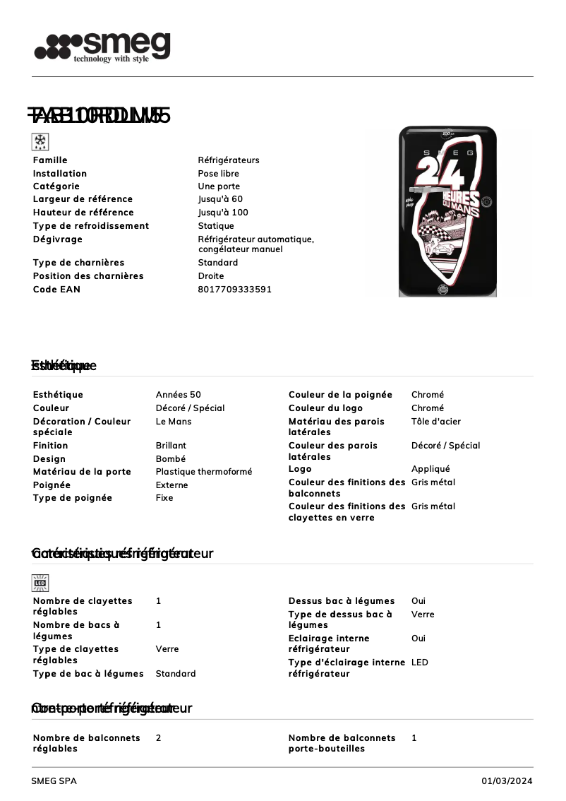 Page 1 de la notice Fiche technique Smeg FAB10RDL