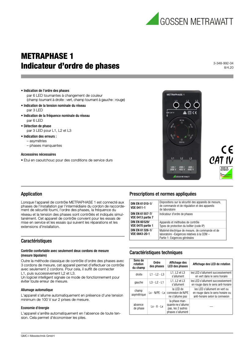 Page 1 de la notice Fiche technique Gossen Metrawatt METRAPhase 1