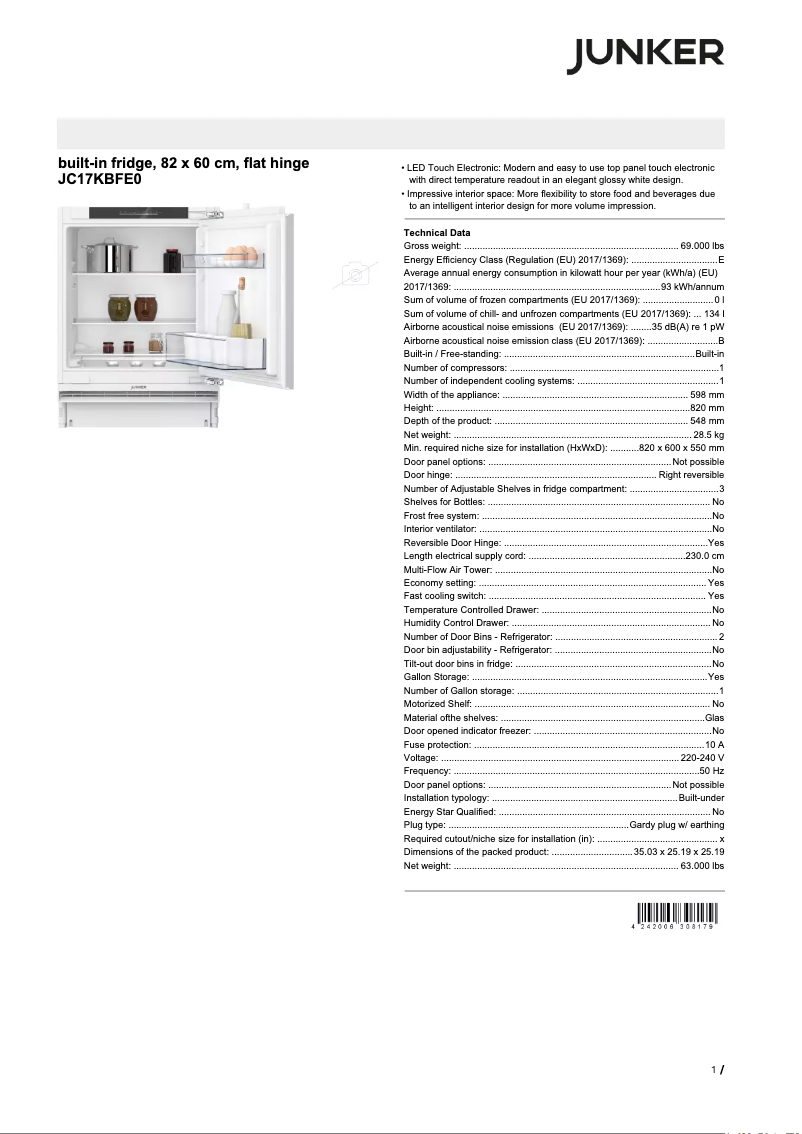 Page n°1 - Fiche technique Junker JC17KBFE0