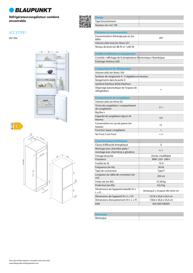 Page 1 of the manual Technical Sheet Blaupunkt 5CC377FE1