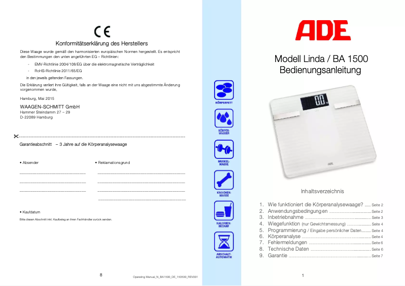 Page 1 de la notice Manuel utilisateur ADE Linda BA 1500