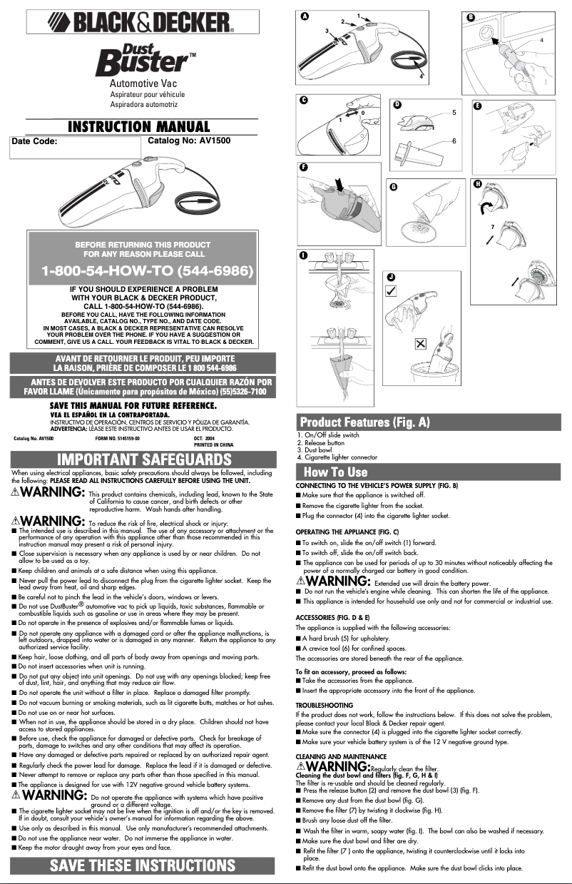 Page 1 de la notice Manuel utilisateur Black & Decker Dustbuster AV1500
