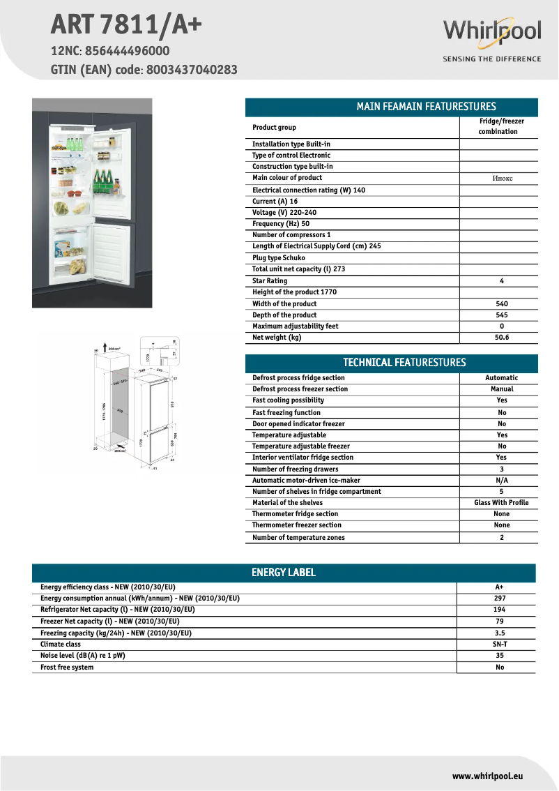 Página 1 del manual Ficha técnica Whirlpool ART 7811/A+