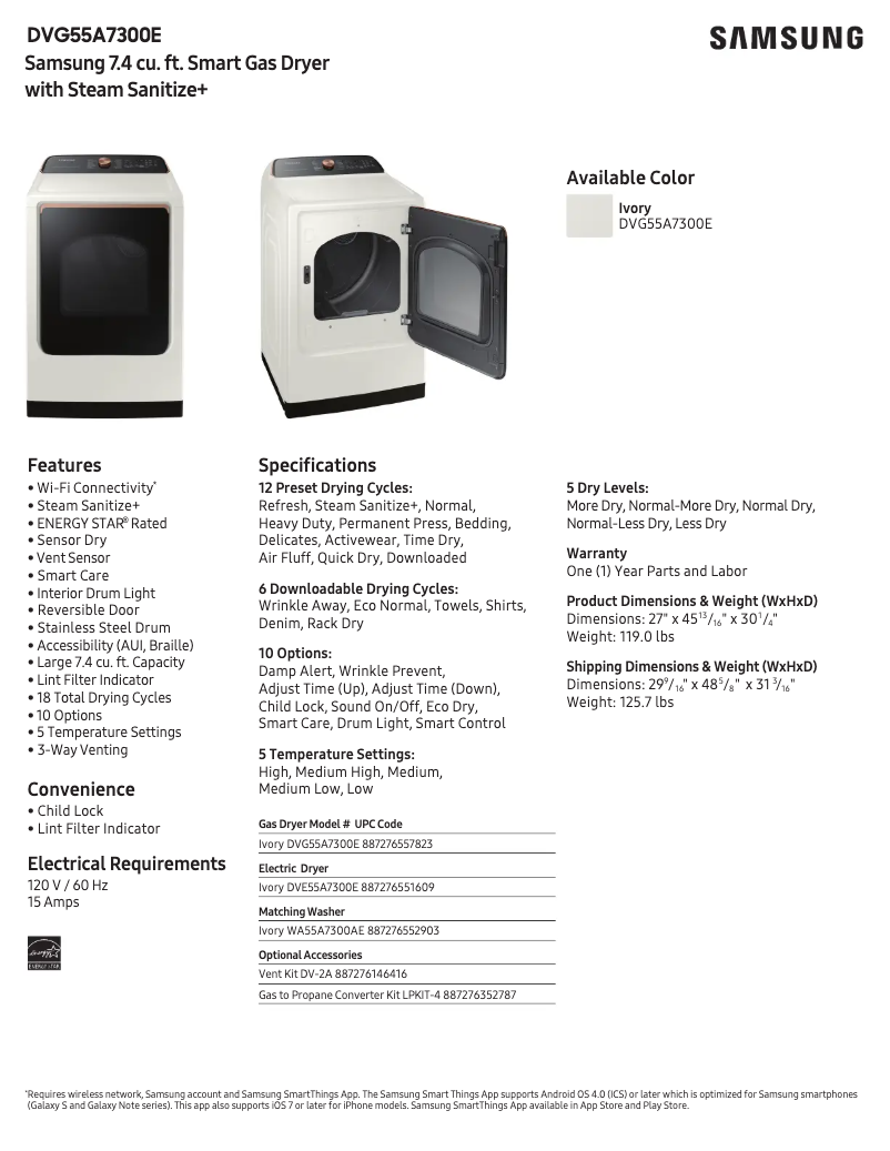 Page n°1 - Fiche technique Samsung DVG55A7300E