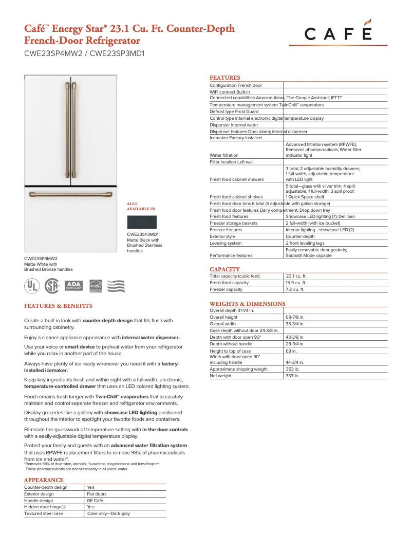 Page n°1 - Fiche technique GE CWE23SP3MD1