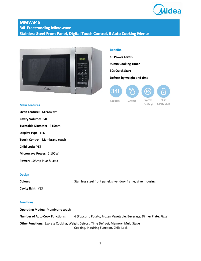 Page 1 de la notice Fiche technique Midea MMW34S