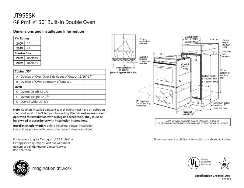 Page 1 de la notice Fiche technique GE Profile JT955SKSS