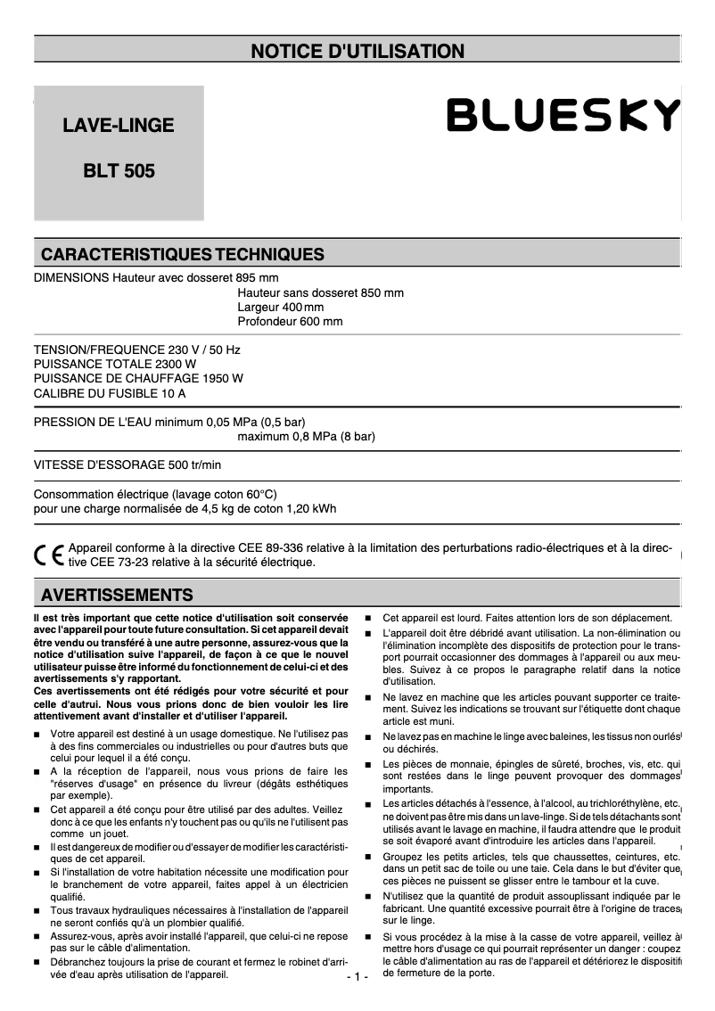 Page n°1 - Manuel utilisateur Bluesky BLT 505