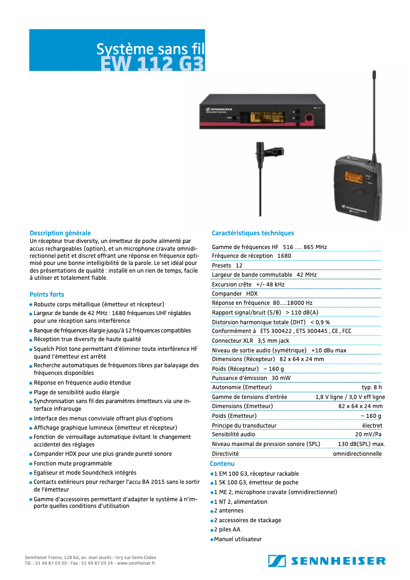 Page 1 de la notice Fiche technique Sennheiser EW 112 G3