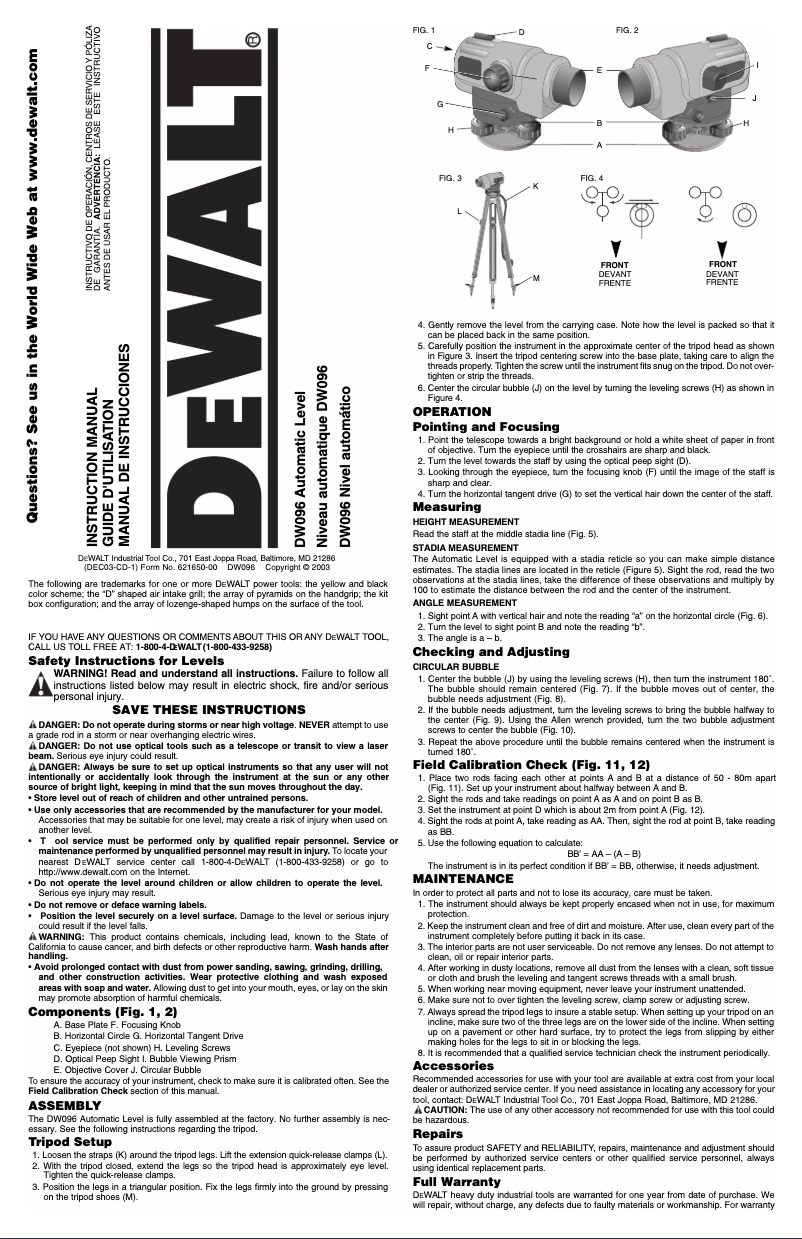 Page 1 de la notice Manuel utilisateur DeWalt DW096