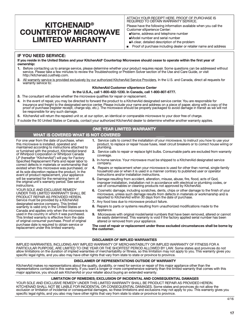 Page 1 de la notice Informations de garantie KitchenAid KMCC5015GSS