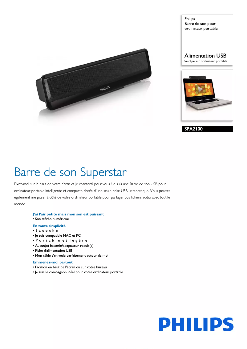 Page 1 de la notice Fiche technique Philips SPA2100