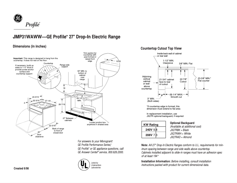 Page 1 of the manual Technical Sheet GE Profile JMP31WAWW
