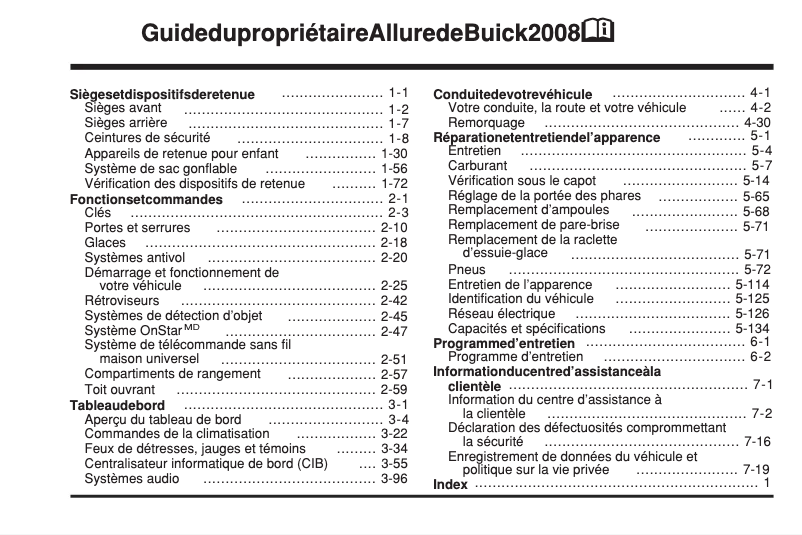 Page 1 de la notice Manuel utilisateur Buick Allure (2007)
