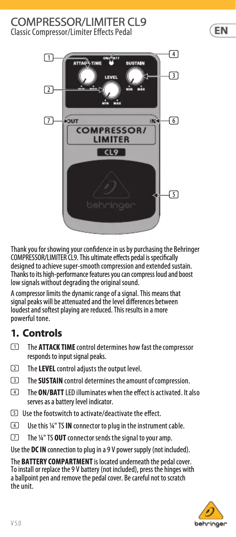 Page 1 de la notice Manuel utilisateur Behringer CL9 Compressor/Limiter