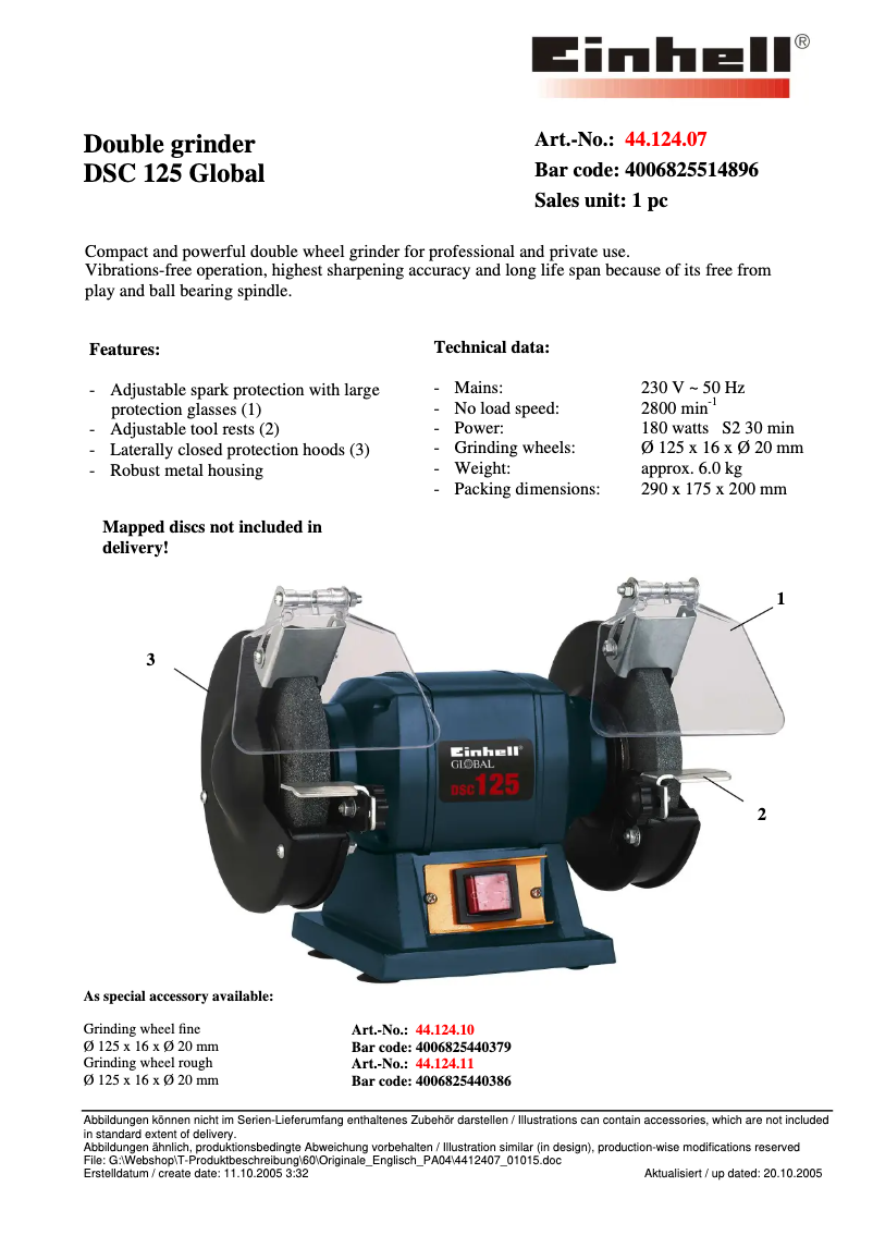 Page 1 de la notice Fiche technique Global DSC 125-m