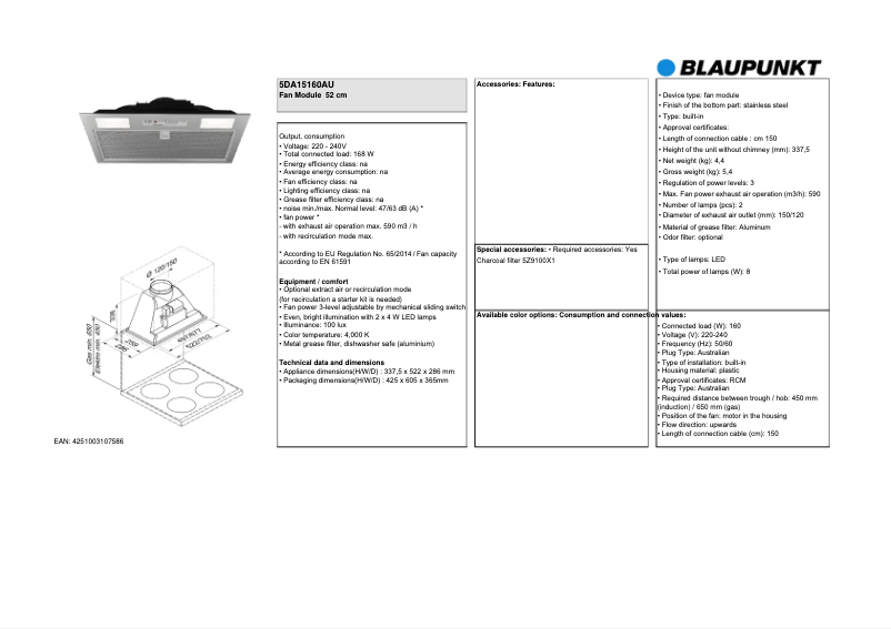 Page 1 de la notice Fiche technique Blaupunkt 5DA15160AU